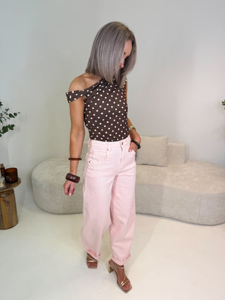 Faith Stretchy Polka Dot Asymmetric Top - Brown/White