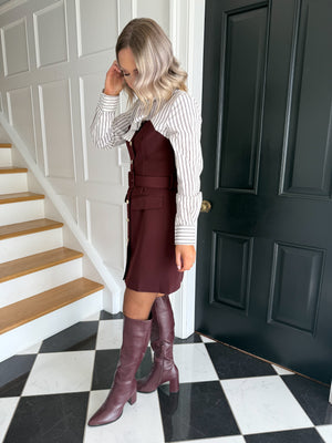 Abby Belted Shirt Dress - Burgundy Pinstripe