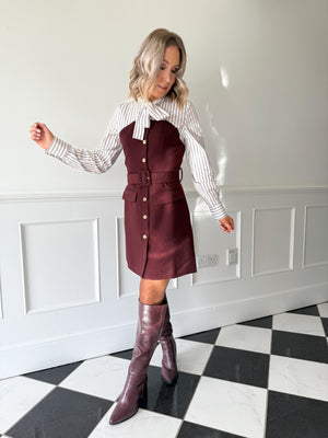 Abby Belted Shirt Dress - Burgundy Pinstripe