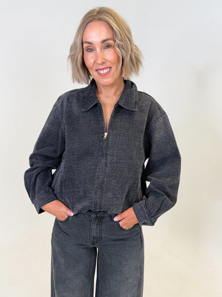 Jenn Black Croc Denim Bomber Jacket