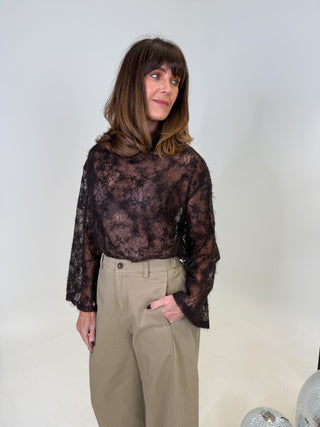 Mia Sheer Boat Neck Sequin Top - Brown