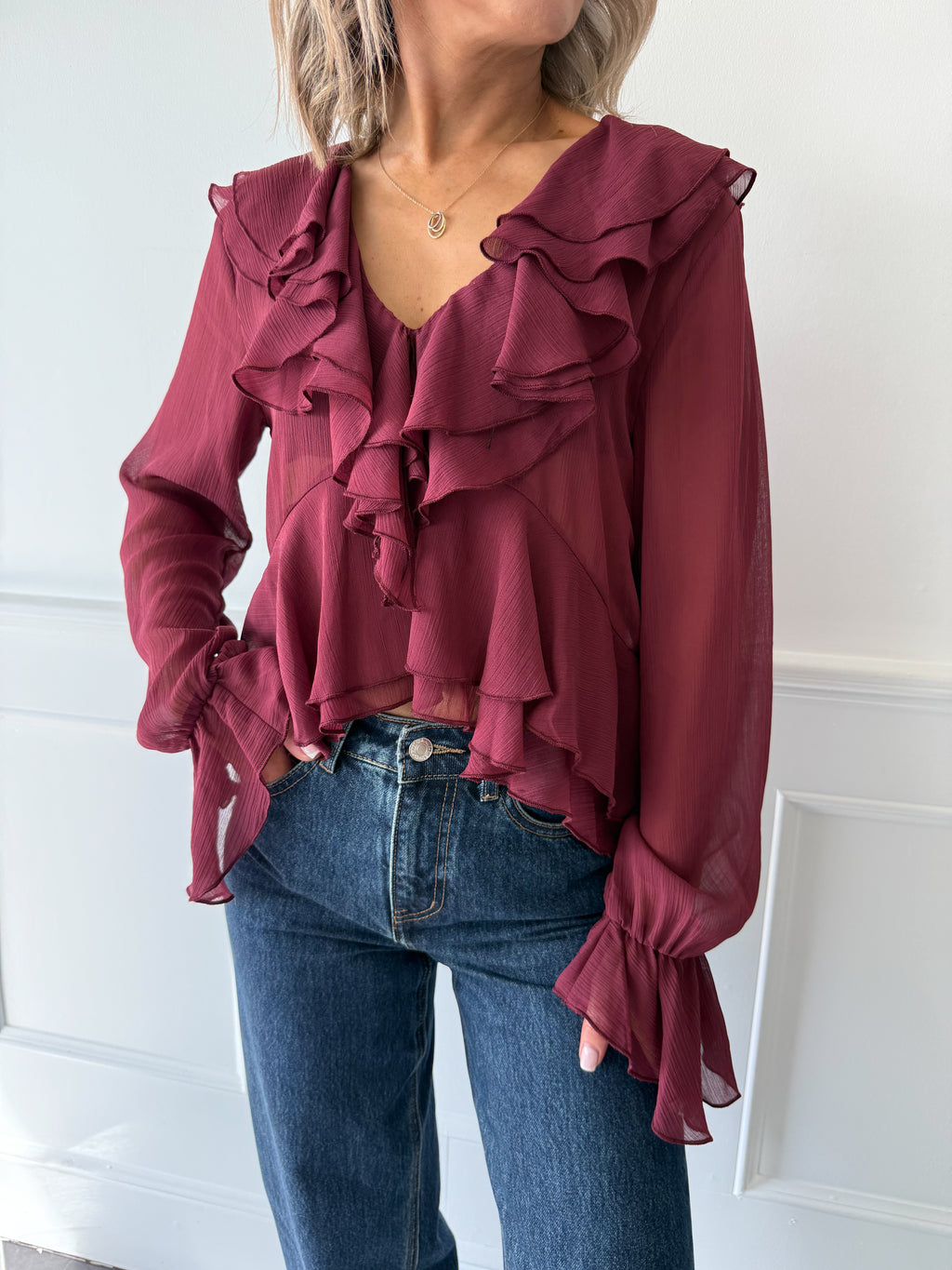 Fia Chiffon Ruffle Blouse - Burgundy