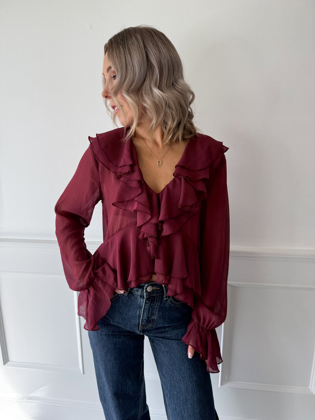 Fia Chiffon Ruffle Blouse - Burgundy
