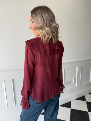 Fia Chiffon Ruffle Blouse - Burgundy