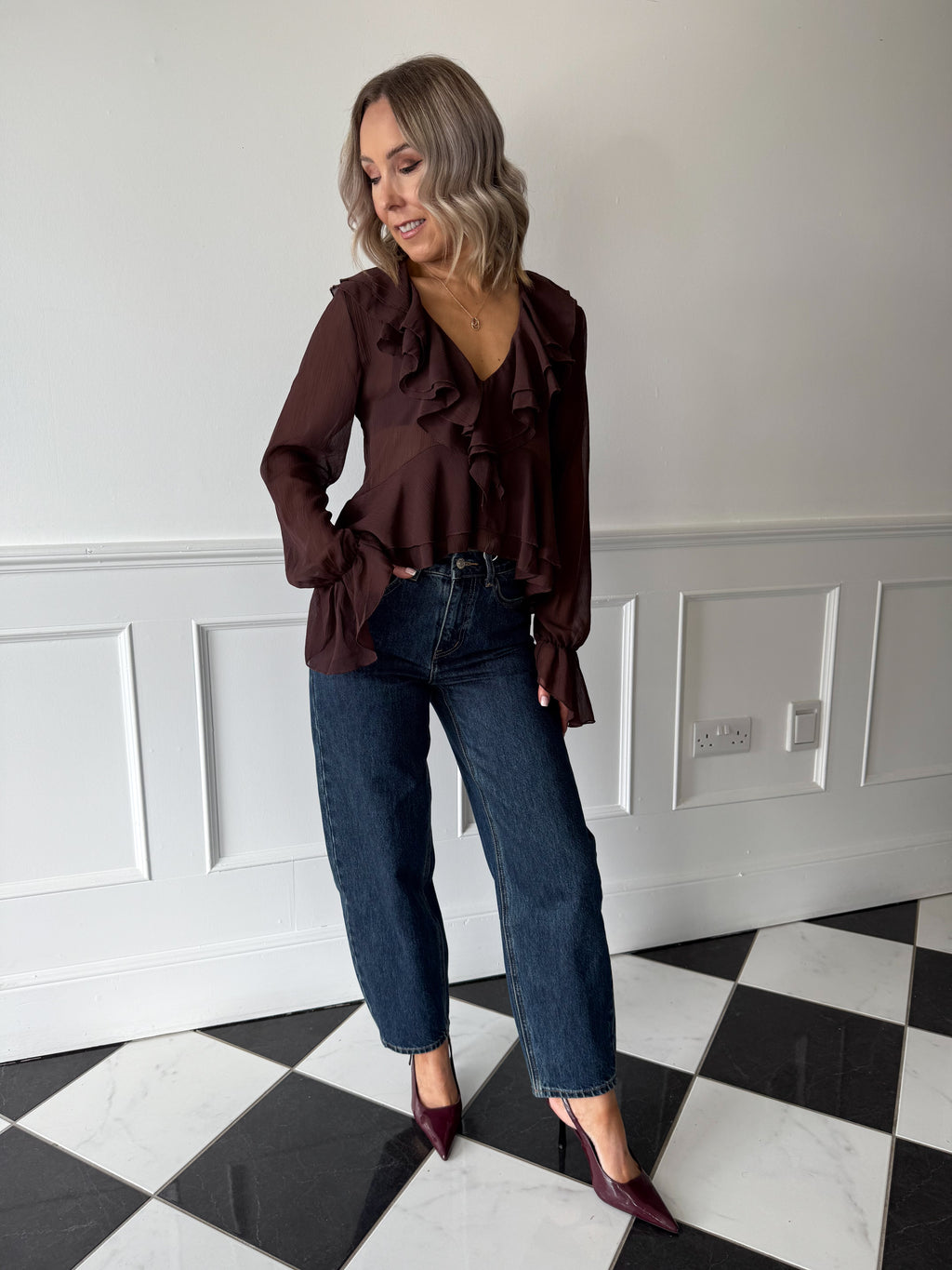Fia Chiffon Ruffle Blouse - Chocolate