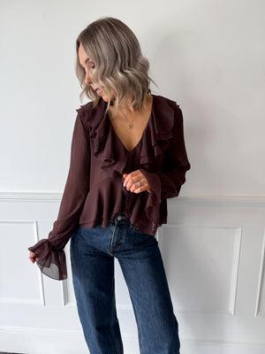 Fia Chiffon Ruffle Blouse - Chocolate