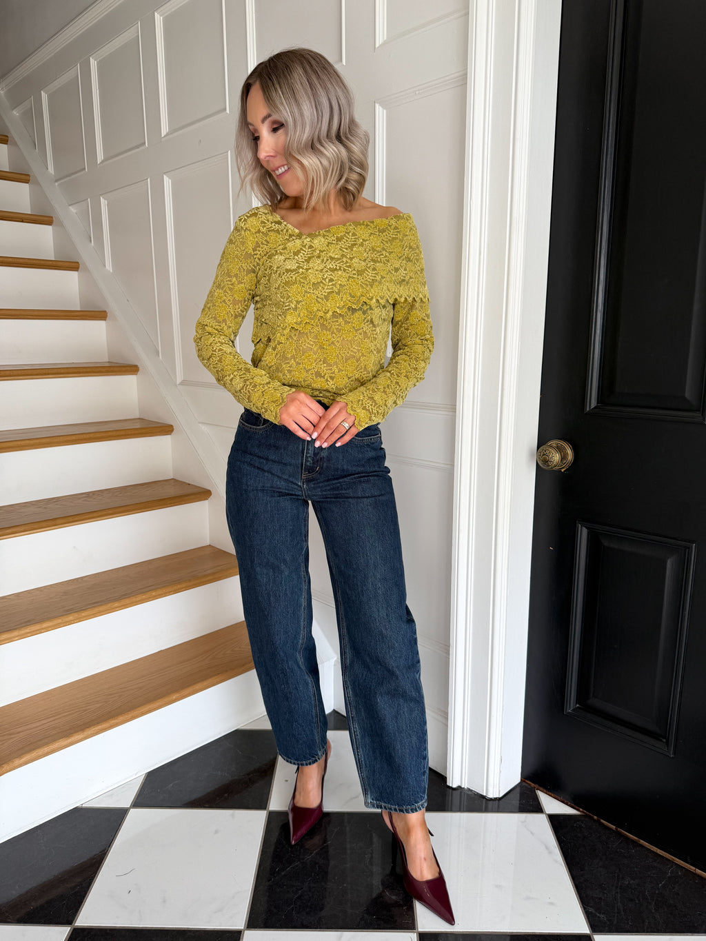 Beth Asymmetric Lace Top - Lime Green