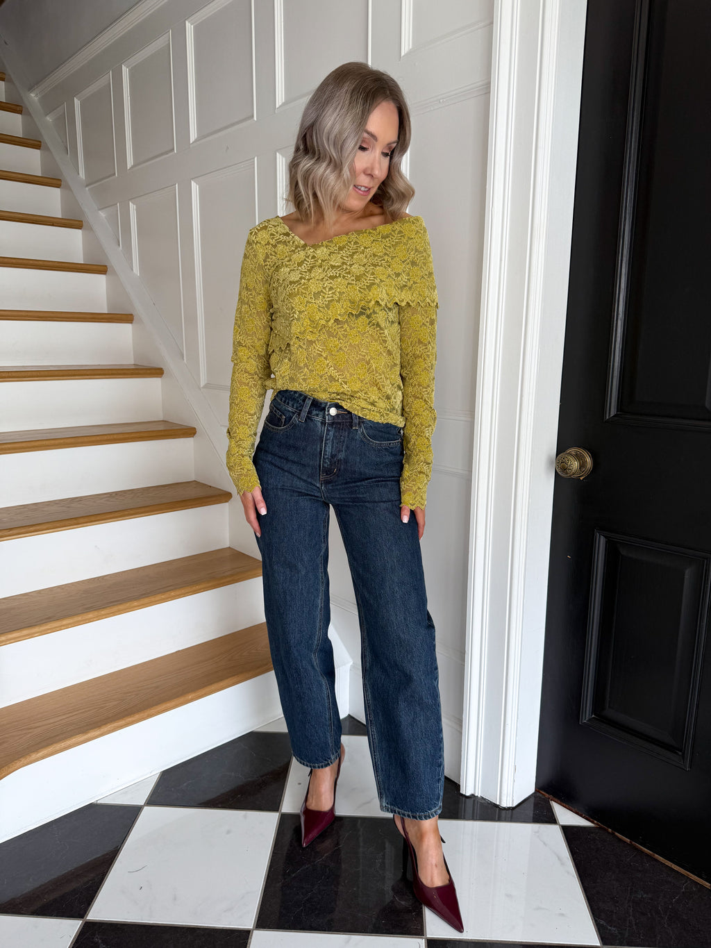 Beth Asymmetric Lace Top - Lime Green