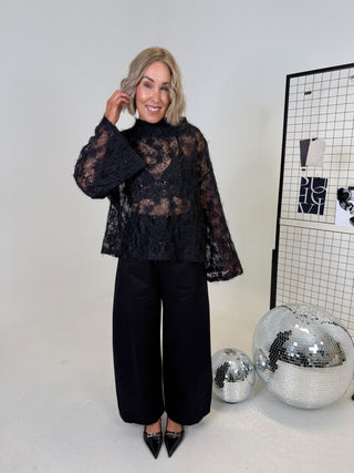 Mia Sheer Boat Neck Sequin Top - Black