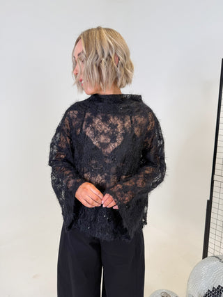 Mia Sheer Boat Neck Sequin Top - Black