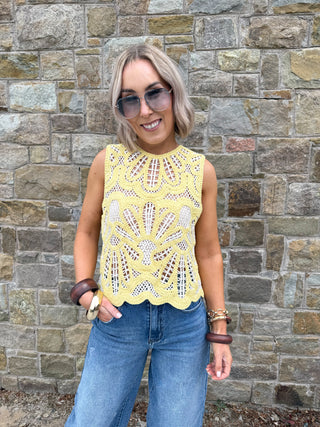 Shelby Crochet Sleevess Top - Lemon/Ecru