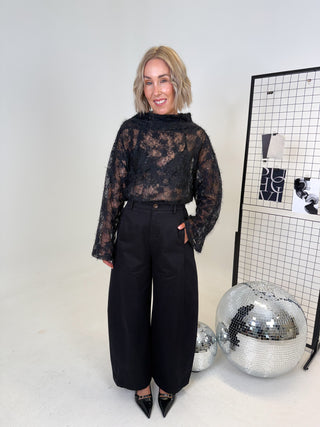 Mia Sheer Boat Neck Sequin Top - Black