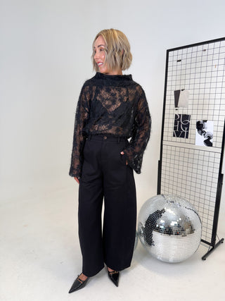 Mia Sheer Boat Neck Sequin Top - Black