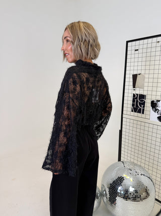 Mia Sheer Boat Neck Sequin Top - Black