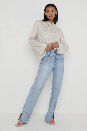 Cowl neck Kimono sleeves Shoulder pads Relaxed Fit