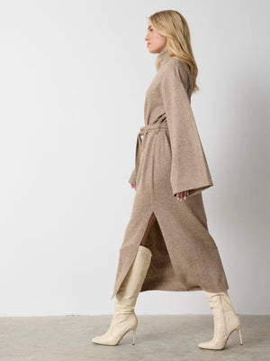 Product Detail  Single Jersey Knit Dropped Shoulder Wide Kimono Sleeves Grown on Neck Slit at Side Seams Belt with Belt Loops at Side Seams   Composition  68% Acrylic 29% Polyester 3%
