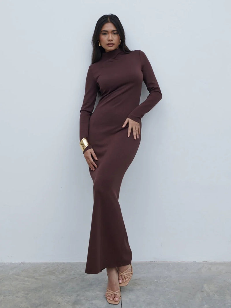 Premium jersey fabric

High neckline

Fitted silhouette

Long fitted sleeves

Maxi length
