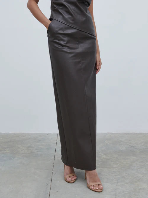 Maeve Faux Leather Maxi Skirt - Dark Chocolate Brown