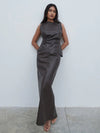 Maeve High Neck Faux Leather Top - Dark Chocolate Brown