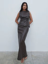 Maeve High Neck Faux Leather Top - Dark Chocolate Brown