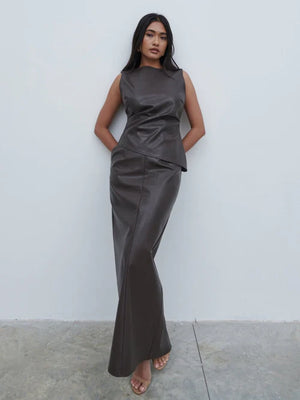 Maeve High Neck Faux Leather Top - Dark Chocolate Brown