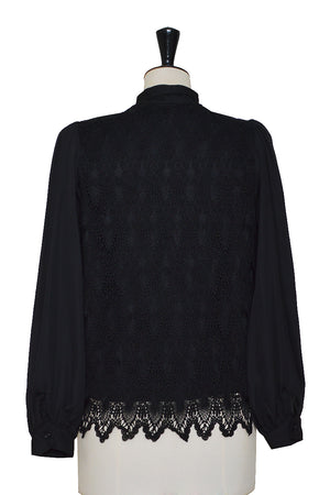 Mila Lace Detail Pussy-bow Blouse - Black