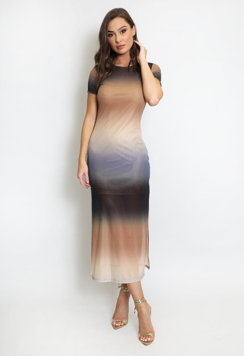 Molly Ombre Print Side Split Midi Dress - Taupe