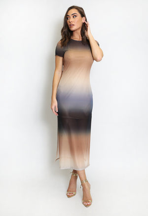 Molly Ombre Print Side Split Midi Dress - Taupe