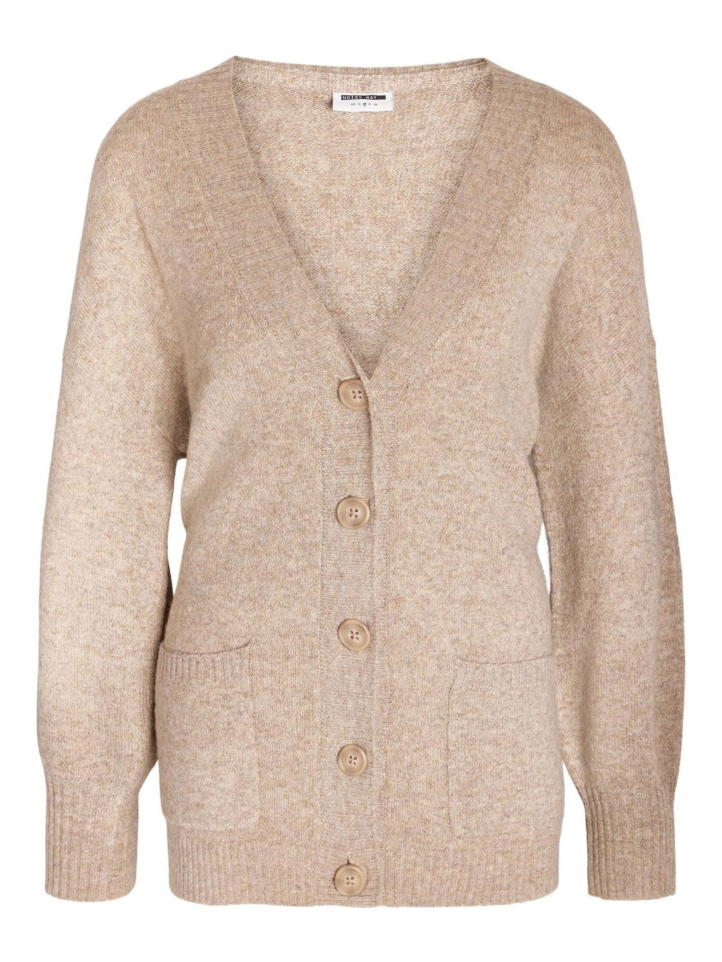 - Knitted cardigan  - Button fastenings through front  - V-neck  - Long sleeves with dropped shoulders  - Ribbed neckline, hem and cuffs  - Front patch pockets  - Relaxed fit