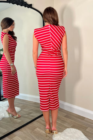 Pari Stripe Ruched Shoulder Pad Midi Dress Red