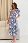 Maya Wrap Tierred Midi Dress Blue Embroidery Print