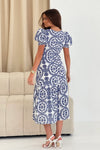 Maya Wrap Tierred Midi Dress Blue Embroidery Print