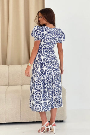 Maya Wrap Tierred Midi Dress Blue Embroidery Print