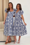 Maya Wrap Tierred Midi Dress Blue Embroidery Print