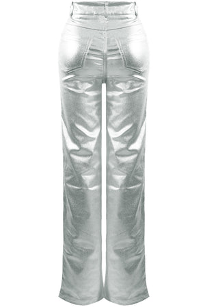 Shiny PU Fabric Front Button Up Front & back Pockets Good stretch