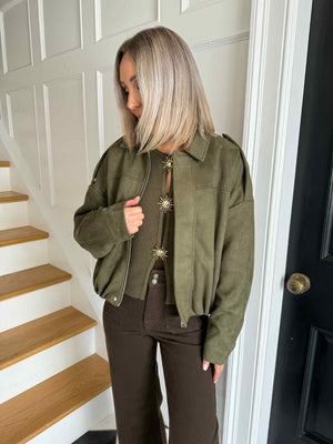 Leona Faux Suede Bomber Jacket - Khaki