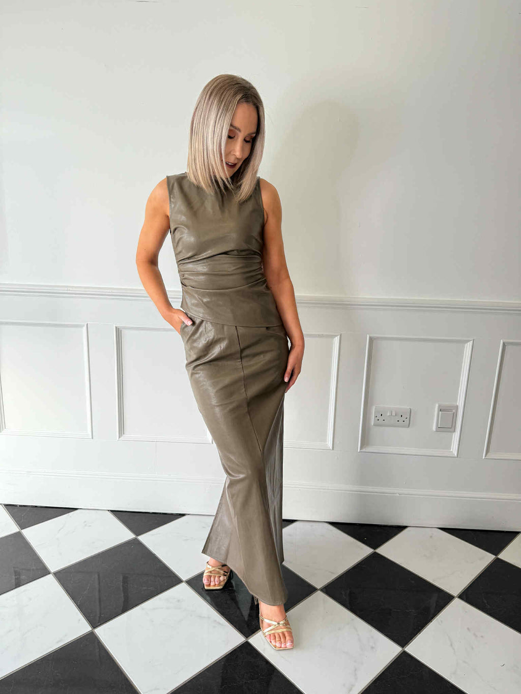 Maeve Faux Leather Maxi Skirt - Khaki