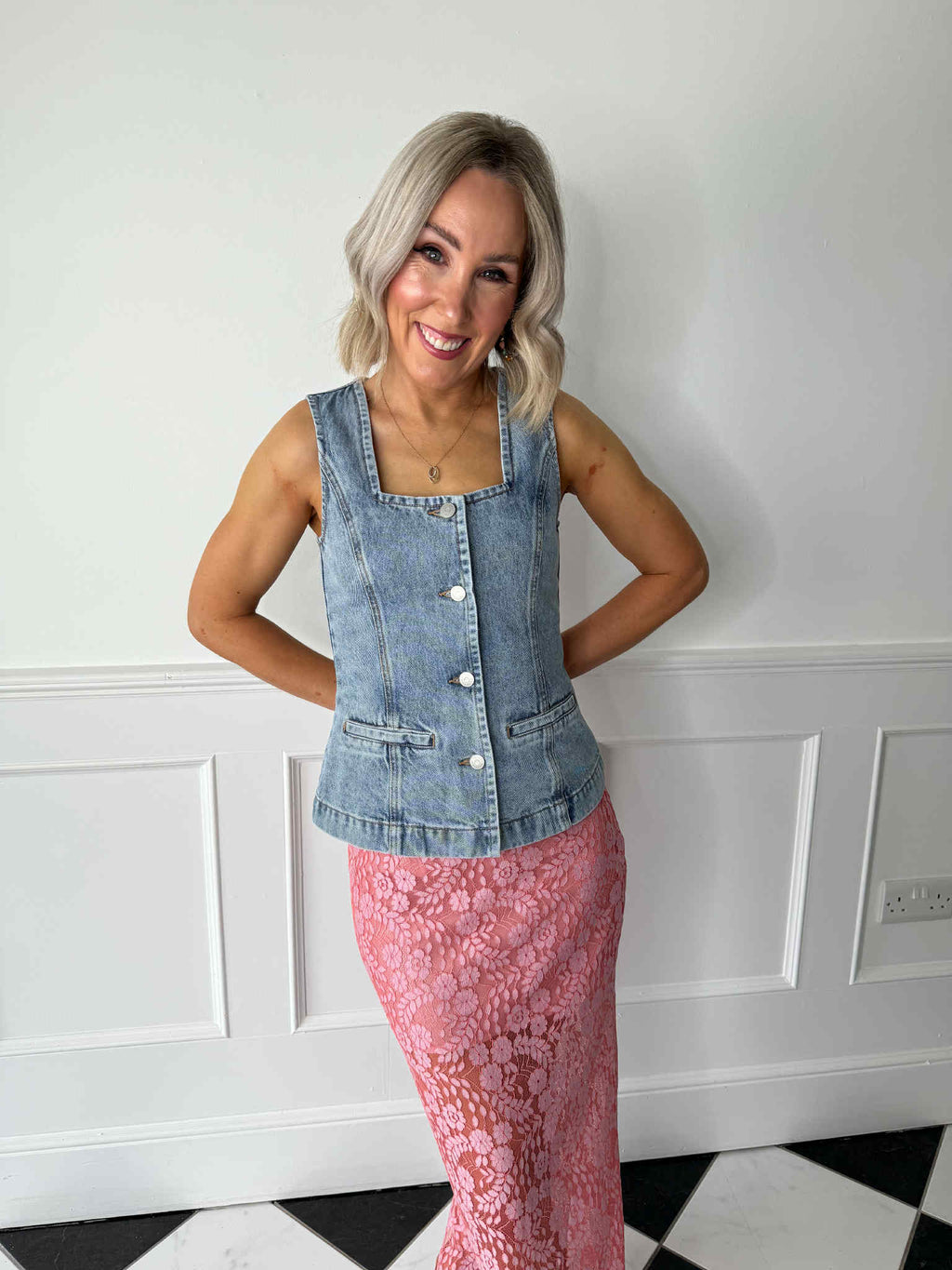 Jen Square Neck Denim Vest - Medium Blue
