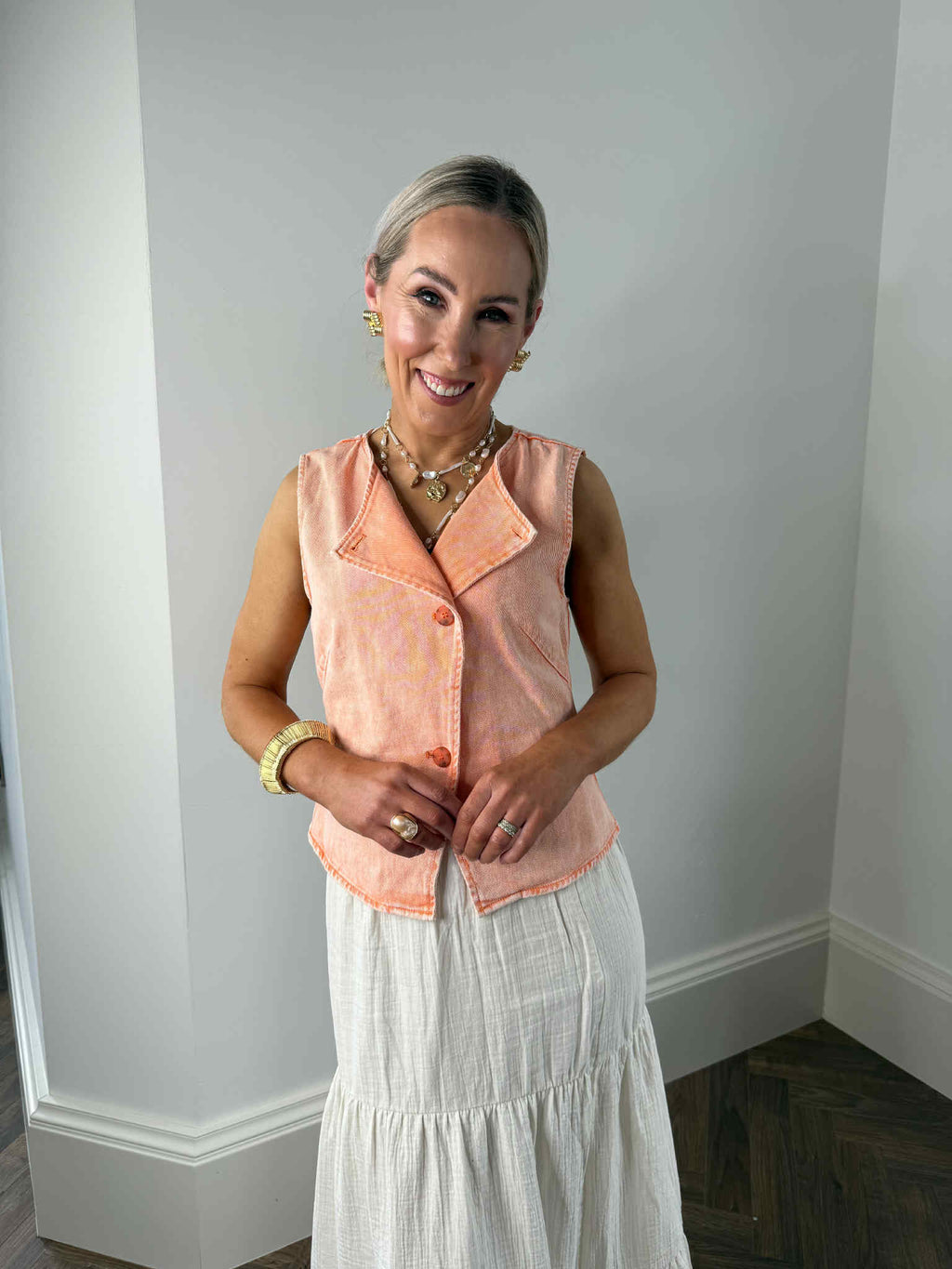 Chloe Denim Asymmetrical Waistcoat - Washed Orange