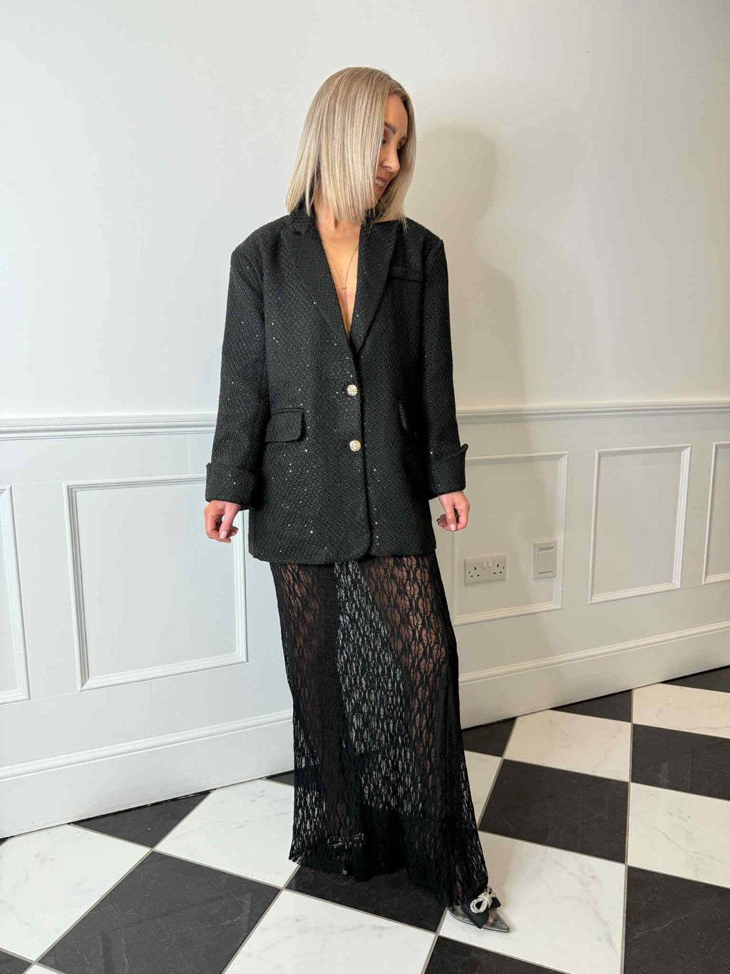 Harlee Textured Sparkle Blazer - Black