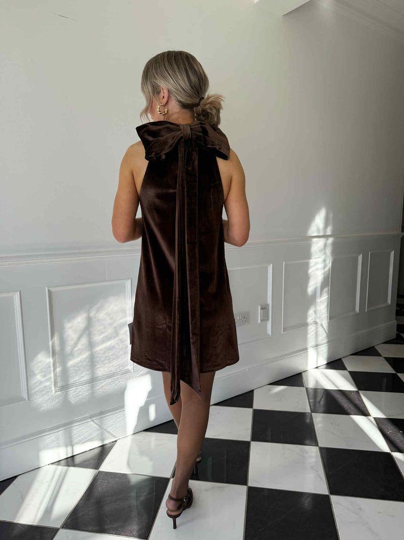 Bella Bow Velvet Mini Dress - Brown