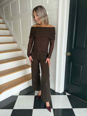 Paz Textured Lace Bardot Top - Brown