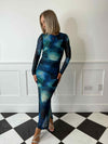 Aila Printed Mesh Maxi Dress - Blue/Green