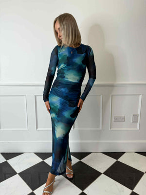 Aila Printed Mesh Maxi Dress - Blue/Green