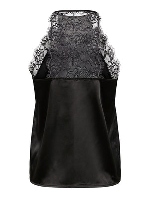 - V-neck with lace trim  - Spaghetti straps  - Lace racerback  - Satin fabric  - Regular fit
