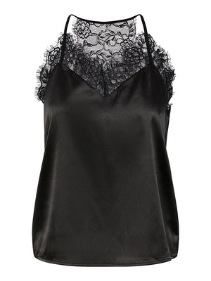 - V-neck with lace trim  - Spaghetti straps  - Lace racerback  - Satin fabric  - Regular fit
