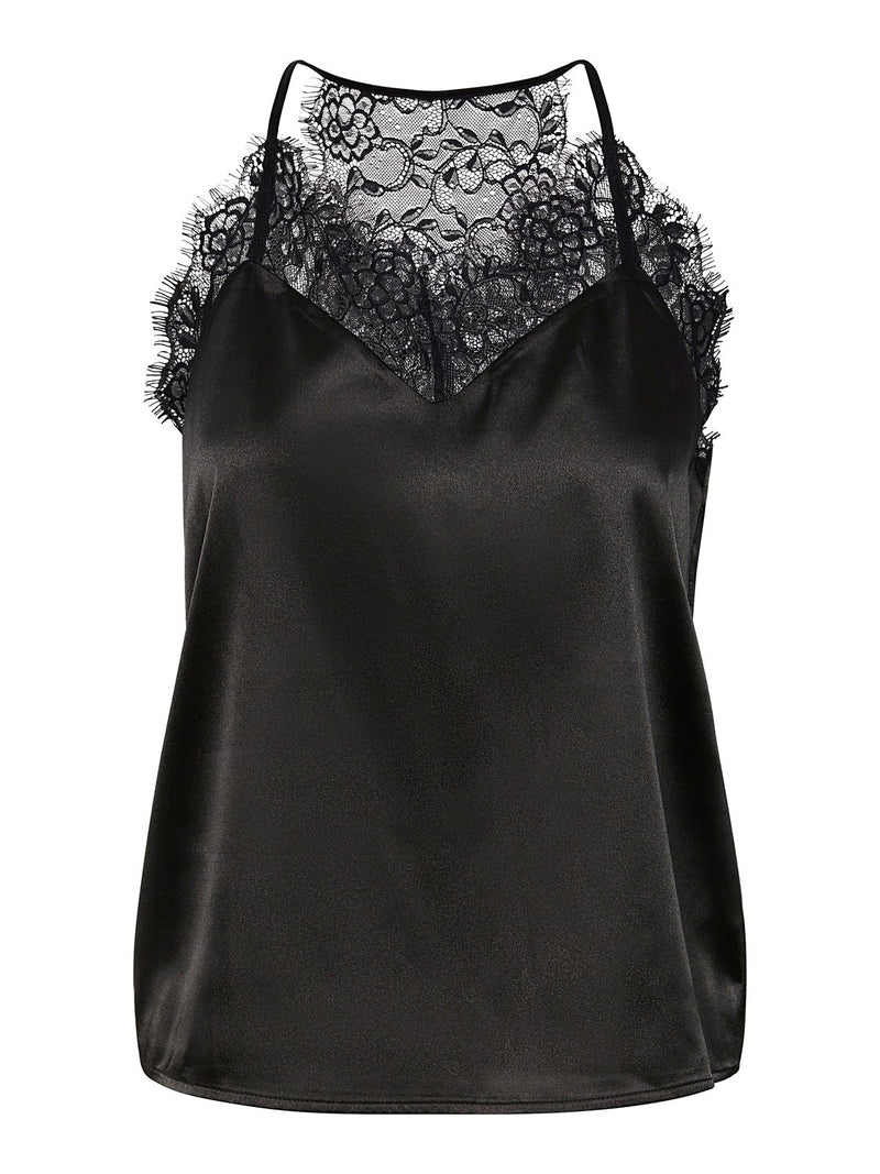 - V-neck with lace trim  - Spaghetti straps  - Lace racerback  - Satin fabric  - Regular fit