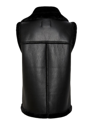 - Faux leather gilet - Asymmetric zip-up front - Oversized faux fur lapel - Sleeveless design with faux fur trim - Zipped chest pocket - Zipped side pockets