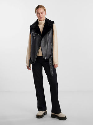 - Faux leather gilet  - Asymmetric zip-up front  - Oversized faux fur lapel  - Sleeveless design with faux fur trim  - Zipped chest pocket  - Zipped side pockets  