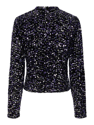- Stand away collar  - Keyhole back fastening  - Long sleeves  - All-over sequin detail  - Slim fit - Colour: Black/Purple